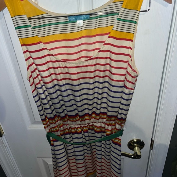 Pim + Larkin Round Neck Striped Midi Silky Dress w Kelly Green Sash - Picture 2 of 7